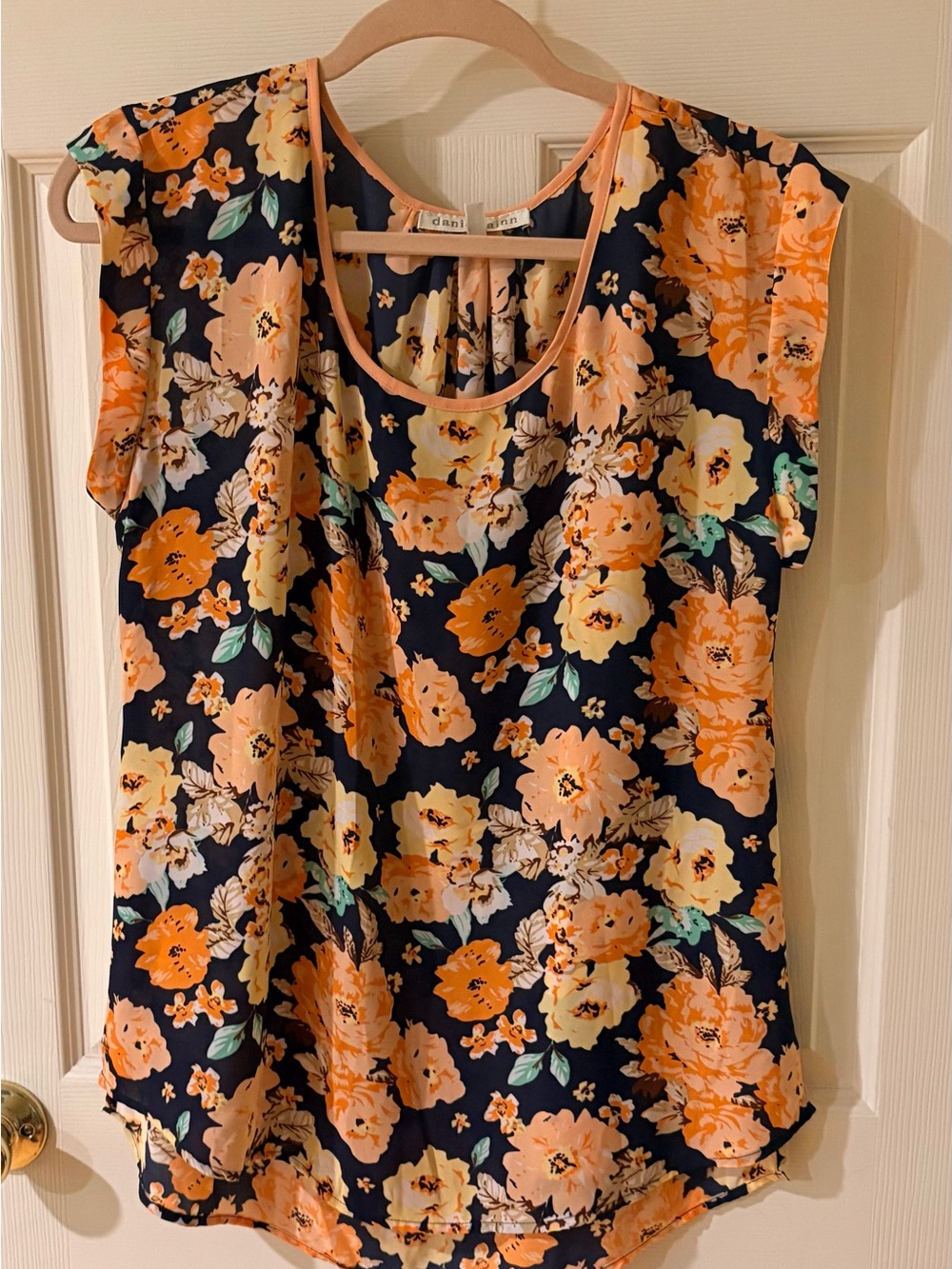 Daniel Rainn Navy Floral Scoop Neck Blouse with Peach Blooms